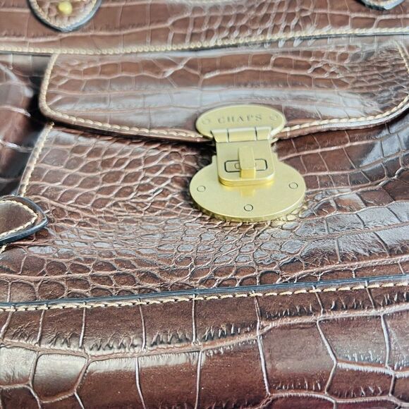 CHAPS Brown Faux Leather Croc Tote Shoulder Bag Business Casual Satchel Gold - Picture 3 of 15